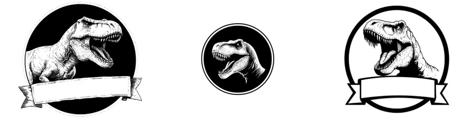 Monochrome illustration of a dinosaur from the mesozoic era on a vintage reptile label in modern style isolated