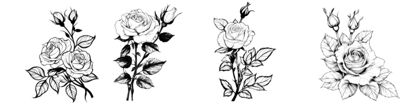 A modern line art style illustration featuring a corner arrangement of rose buds and leaves, rendered in a hand-drawn outline with black and white hues, suitable for stickers, stationery, and