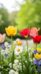 Fototapeta premium Vibrant Spring Garden with Colorful Tulips and Wildflowers in Bloom