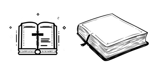 The Bible is represented as a modern icon in doodle style, with a simple design symbol, and is a hand-drawn cartoon object on a white background
