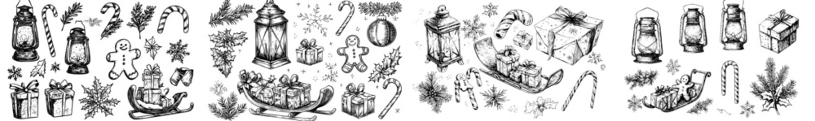 A vintage Christmas concept featuring hand-drawn retro objects for holiday decoration in a modern sketch illustration style © Andrei