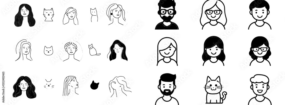 Poster a vibrant collection of people and pet avatars using colorful line icons. designed in modern style w