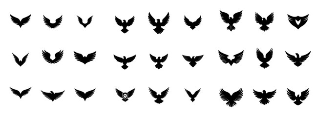 A collection of clean, modern silhouette icons featuring birds with open wings, along with a logo outline of flying birds2