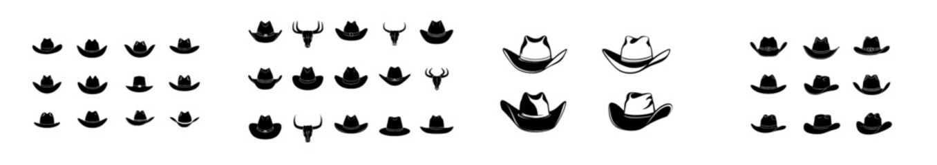 A modern collection of outlined and silhouette black cowboy hat icons, presented as illustrations on a white background