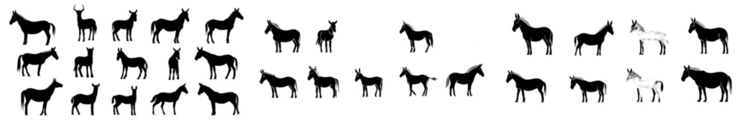 Modern donkey silhouettes in diverse poses, ideal for farm, animal, and nature-themed designs, educational materials, and children’s books