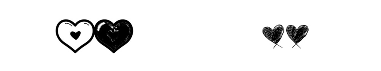 A continuous illustration of two red hearts representing love, adorned with a delicate, thin ribbon and a romantic symbol in a straightforward linear design. The artwork is editable and offers a