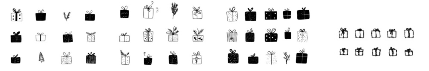 1. Presents modern illustration. Gift boxes for Christmas or birthdays in a hand-drawn black doodle style on a white background. Giftbox silhouette sketch