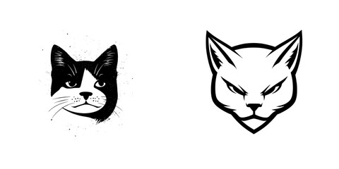 Cute tabby cat. Head and face, portrait style. Vintage modern engraving illustration. Black and white. Isolated object. Icon, logo, emblem
