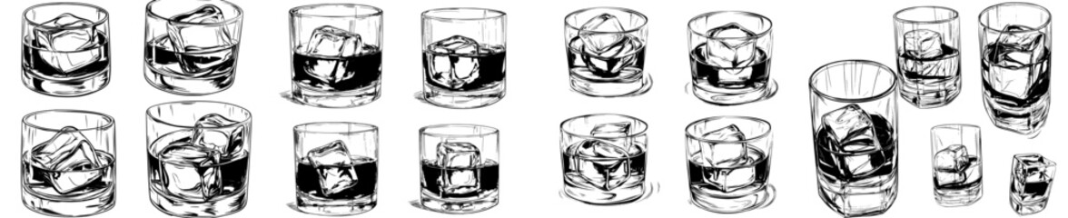 Whiskey glasses are depicted in a line drawing isolated on a white background