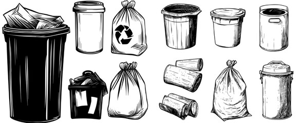Fototapeta premium Modern illustration featuring trash bin, pack, and box as collection design elements in monochrome sketch style isolated on white background