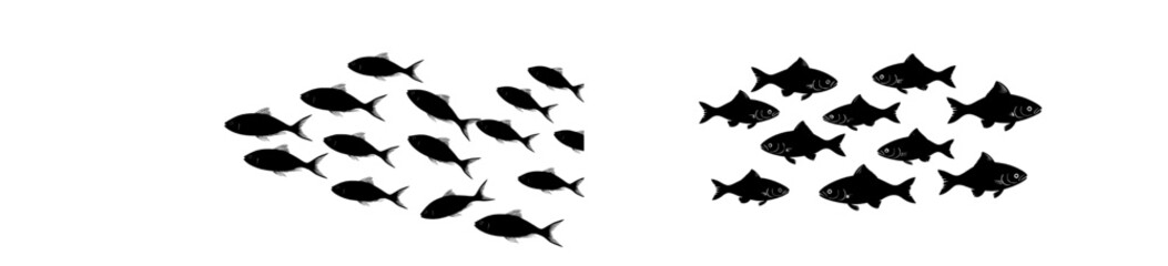 A logo template design is presented, showcasing a modern illustration of black flock fish in a school