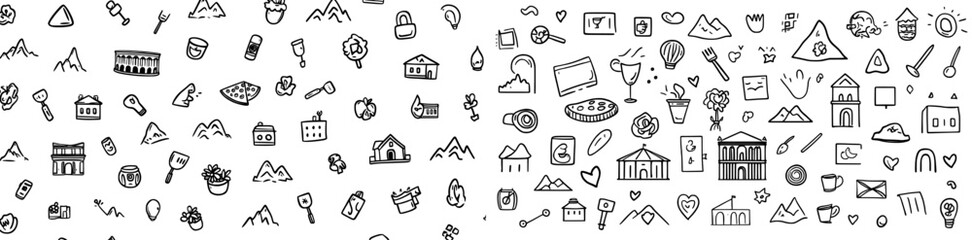 Italy Travel Doodle Line Art Illustration. Background Banner Set of Hand Drawn Modern Clip Art Logos