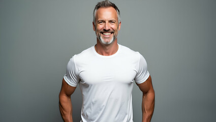 Fit and Sporty Older Man Coach: Personal Trainer in White T-Shirt Showcasing Muscles for Gym Membership Promotion - Vector Illustration of a Middle-Aged Athlete on Gray Background