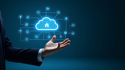 Naklejka premium Businessman Strategizes Digital Transformation: Implementing Cloud Computing to Digitize and Automate Business Processes - Stock Photo Concept with Empty Space for Customization