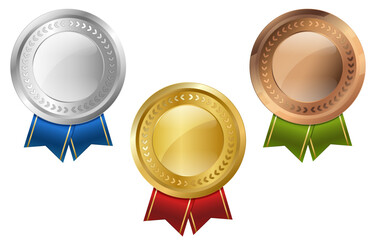 Set of Gold, Silver and Bronze Blank Medals with Colorful Ribbons. Luxury Winner Awards Design Elements Isolated