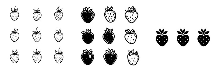 Modern strawberry silhouette illustrations set, hand-drawn botanical outline drawing, monochrome strawberry icon. Design element for background, pattern, packaging, icon, logo