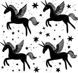 A set of modern style designs featuring a black colored unicorn horse silhouette on white background
