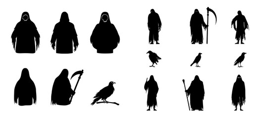 grim reaper silhouette in modern style, black design on white background