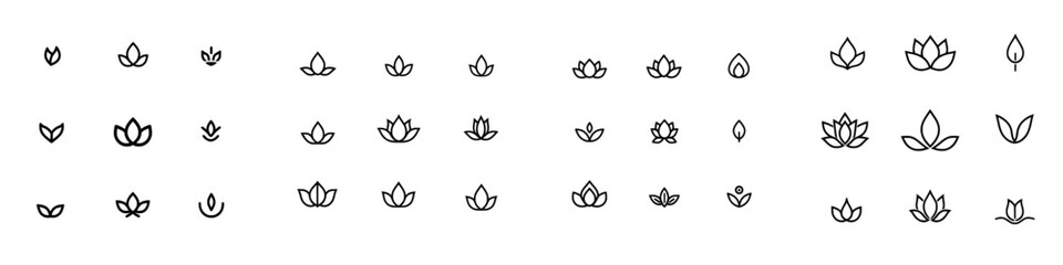 Lotus icon set. Modern illustration of a lotus flower. Symbol for spa relaxation. Logo for yoga. Sign for meditation. Abstract representation of harmony. Asian-style lily pictogram. Logotype for a