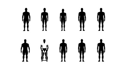 2. Modern icons representing different human body types, ranging from thin to obese. The icons explore concepts like diet, healthy living, and overconsumption. They are designed as editable thin line