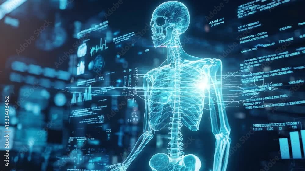 Poster ai generated visuals of a human skeleton with digital interface and health data overlays