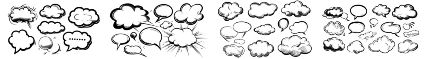 A collection of empty hand-drawn comic speech bubbles is available, featuring sets of monochrome doodle clouds and retro comic speech templates for dialogues