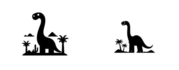 A modern art design featuring a silhouetted dinosaur and tree in black and white on a flat graphic background with outline illustrations © Andrei
