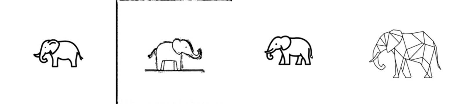 Modern, isolated, and single contemporary line art minimal elephant icon in black and white contour line, easy to draw