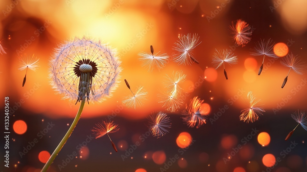 Aufkleber close up view of wispy feathery dandelion seeds drifting and dancing in a soft glowing atmospheric e