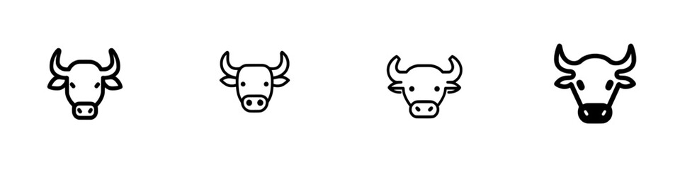 A simple black and white line drawing depicting a cow's head with horns against a plain background