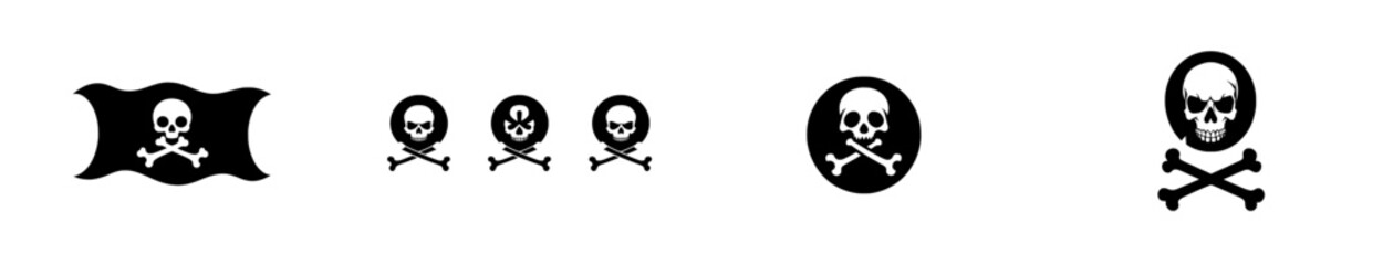 A modern black silhouette of a waving pirate flag with a skull and crossbones
