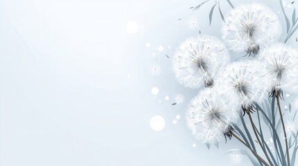 Close up of soft fluffy dandelion seeds gently drifting and floating on a light breeze capturing the tranquil beauty of nature