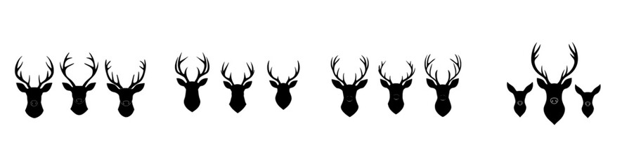 1. A modern art piece featuring a set of deer head silhouettes in various styles as head icons and logo designs, all in solid black