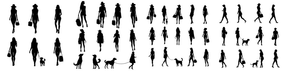 1. Black-clad fashionista silhouettes walking with dogs in a modern, chic lifestyle illustration