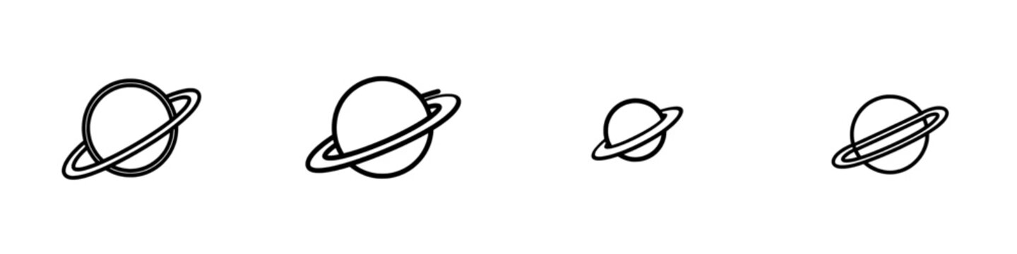 A black and white icon featuring a globe accompanied by an orbit ring represents global connection and technology