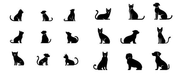 Silhouettes of modern black dogs and cats, felines, pet animals, kittens, or kitties in diverse poses, set against a white background. Includes cute dog breed symbols, created with Adobe Illustrator