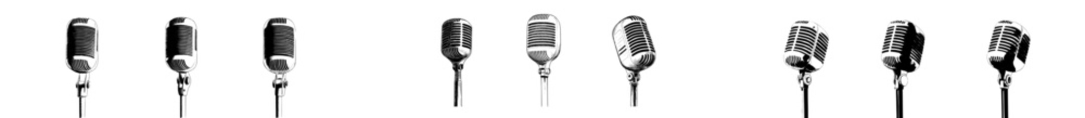 A modern illustration of a vintage microphone, hand drawn and isolated on a white background, is used for recording podcasts, radio, and music design, presented in a monochrome sketch