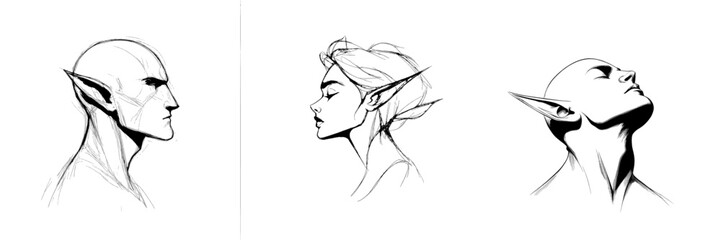 An outline drawing of an elf with pointed ears on a white background