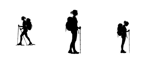 A modern illustration featuring an isolated silhouette of a mountain trekker on a white background