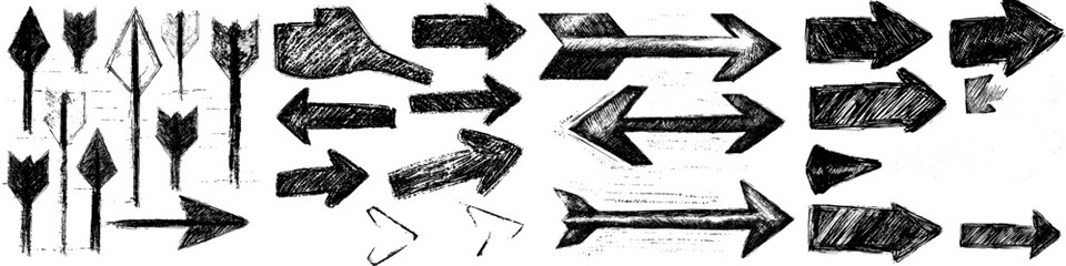 Collection of hand drawn black abstract shapes and rough charcoal arrows on isolated background with grunge texture of chalk and marker