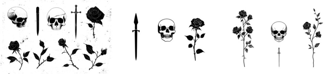 A modern black and white tattoo sketch featuring a skull and rose