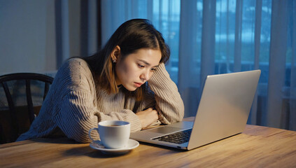 Fototapeta premium Exhaustion at Work: A young woman looks disheartened at her laptop