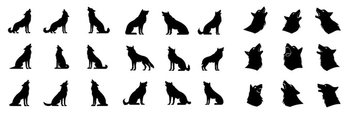 1. Eight wolf silhouette illustrations isolated on a white background