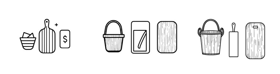 Empty bread basket with a decorative bow, a wooden cutting board, and a folded napkin are featured in a black and white modern hand-drawn illustration, perfect for bakery, packaging, or rustic