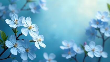 Obraz premium Delicate blue and white blossoms, lush floral backdrop, fresh, white