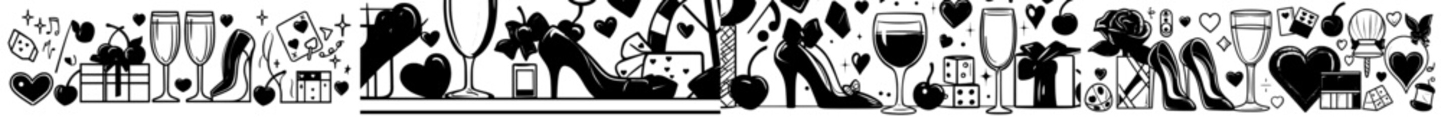 Adornments featuring charming bows and ribbons, along with flowers, cherries, hearts, champagne, and martinis, create a unique design, complete with an elegantly dressed vintage woman in a martini