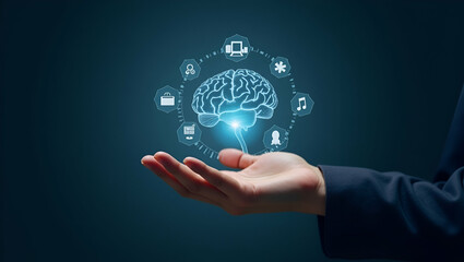 Flat Hand holding holographic Neural Processing Unit (NPU) icons with AI and machine learning symbols representing advanced neural computing in empty space concept as Hand holds holographic Neural Pro