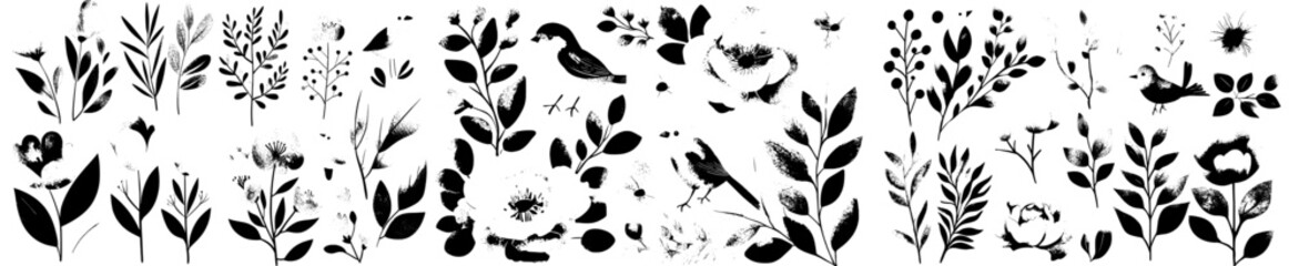 Modern illustration set featuring hand-painted watercolor abstract pink peonies, a blue bird, wildflowers, and leaves for a spring-themed floral background