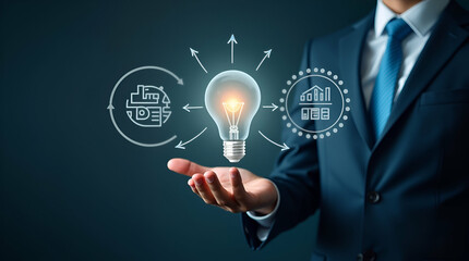 Hand interacting with holographic 2026 business goals interface displaying lightbulb with target symbol goal setting future strategies action plans for 2026 in empty space concept as Hand interacts wi