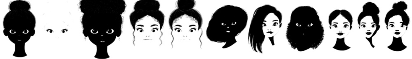 A collection of DIY elements for creating a young female cartoon character includes a set of African woman face constructors with diverse hairstyles and various expressions for eyes, lips, and brows